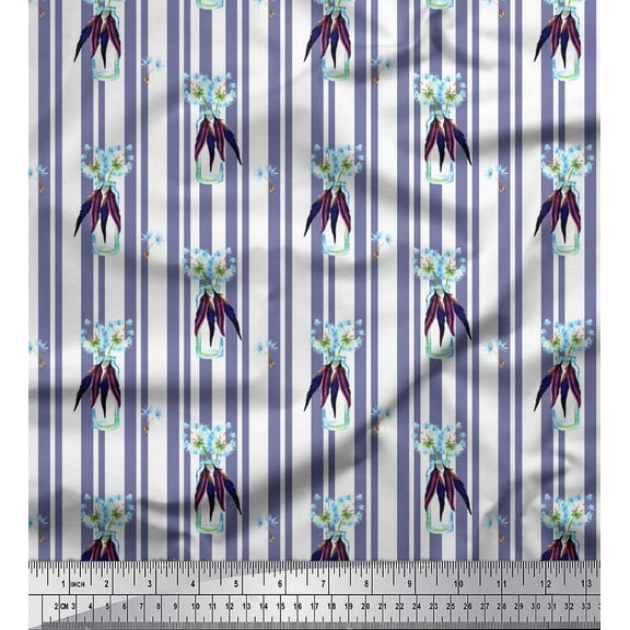 Soimoi Purple Cotton Voile Fabric Feather & Bottle Vase Stripe Printed Fabric 1 Yard 42 Inch Wide