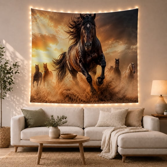 Herd of Horses Galloping on Dusty Sunset Plains, Dramatic Digital Art for Wildlife Fans, Animal Wall Decor, Housewarming Gift, Tapestry Wall Hanging for Bedroom and Living Room