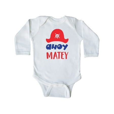 

Inktastic Ahoy Matey Pirate Hat Skull and Bones - Red Blue Gift Baby Boy or Baby Girl Long Sleeve Bodysuit