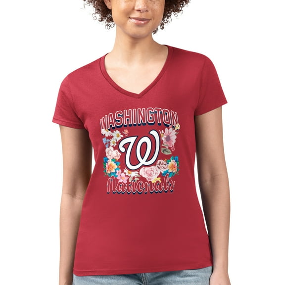 Women's G-III 4Her by Carl Banks Red Washington Nationals Super-Slim Fit Lightweight Flowers Graphic V-Neck T-Shirt