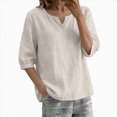 thumbnail image 5 of Womens 3/4 Sleeve Tops Cotton Linen Shirts Embroidered V Neck Boho Blouses Loose Fit Dressy Casual Tunic Top, 5 of 6