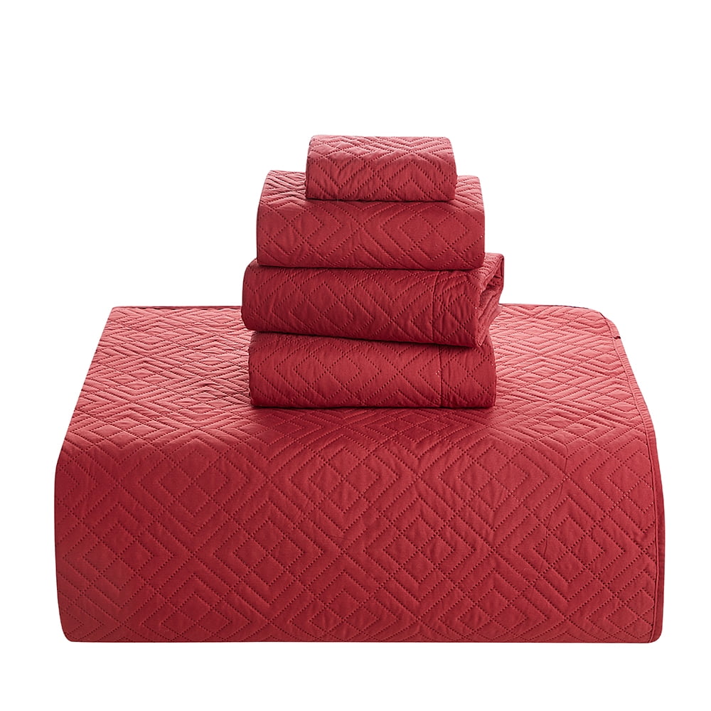 Nestl 5 Piece Quilt Set King , Soft Microfiber Lightweight Bedspread Coverlet, Modern Style Diamond Weave Bed Cover, Burgundy Red