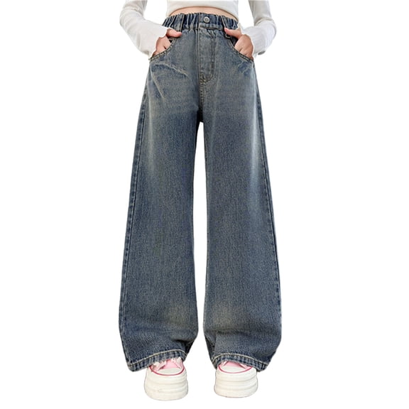 GiLiling Teen Girls Elastic Waist Baggy Jeans High Waist Wide Leg Cargo Denim Pants Y2k Vintage Aesthetic Style (Blue, 13-14 Years)