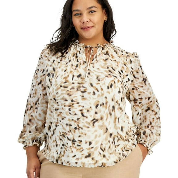 bar III Womens Tie Neck Knit Blouse, Brown, Plus Size, 3X