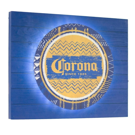Corona LED Backlit Vintage Sign, 18" x15", Screenprinted Metal Sign Mounted onto a Blue Boxtop and Backlit with LED Lights, Battery Powered