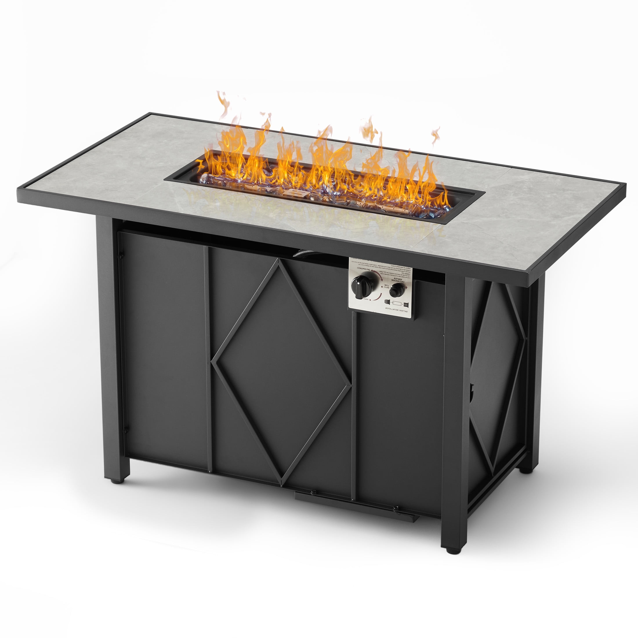 edx 43" Propane Fire Pit Table with Lid & Blue Glass Rock, 50,000 BTU Outdoor Rectangular Steel Gas Fire Pit with Waterproof Cover for Patio, Backyard and Deck, Black