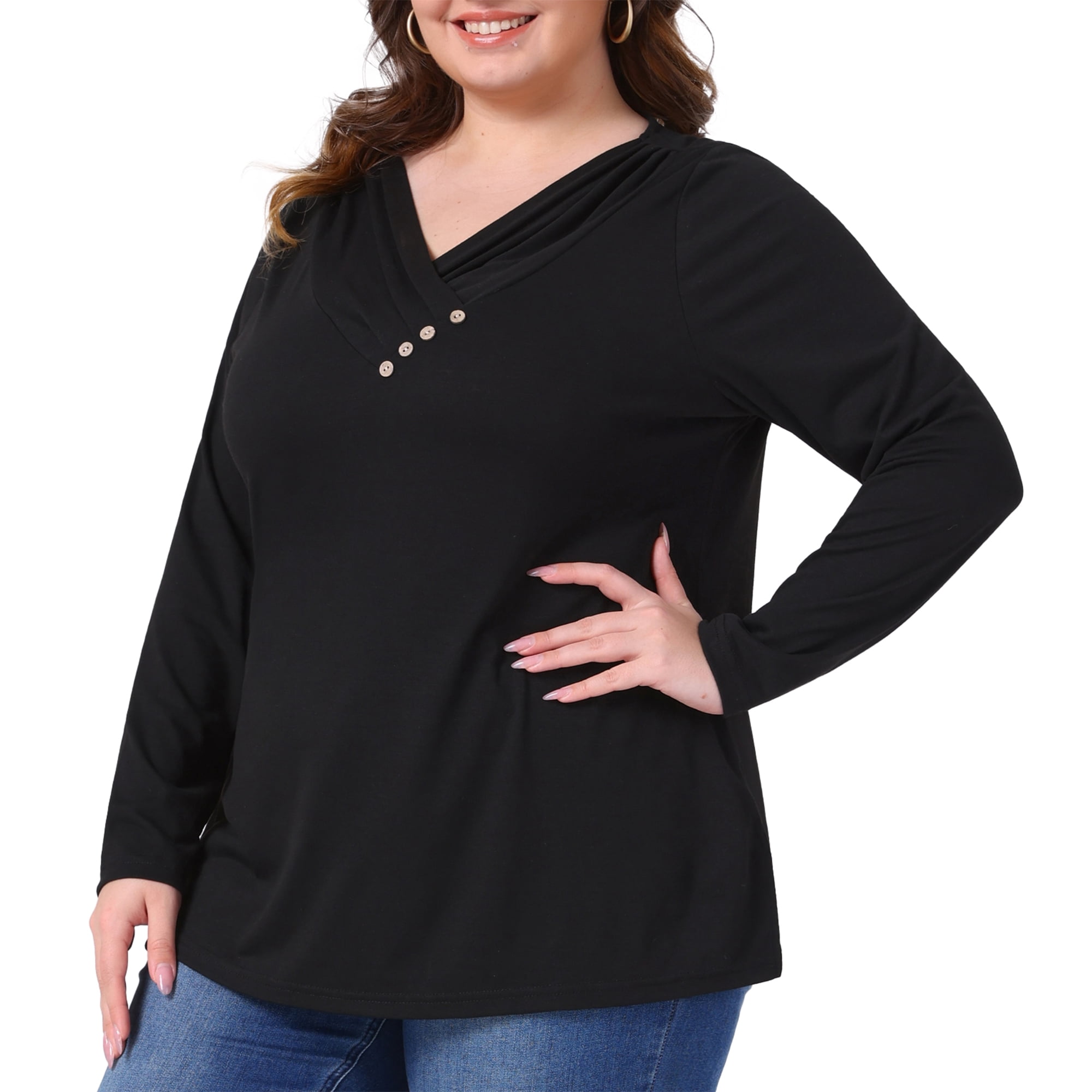DARING DIVA Women's Plus V Neck Button Fall Pullover Shirt Loose Blouse 4X Black