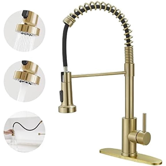 Kitchen Faucets with Pull Out Sprayer Commercial Spring Sink Faucet Stainless Steel Brushed Gold Pull Down Single Handle Farmhouse faucets with Deck Plate for Camper Laundry Utility Rv Wet Bar