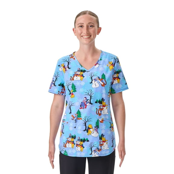 100 Acre Snow Day Women's V-Neck Print Scrub Top, Sizes XS-3XL
