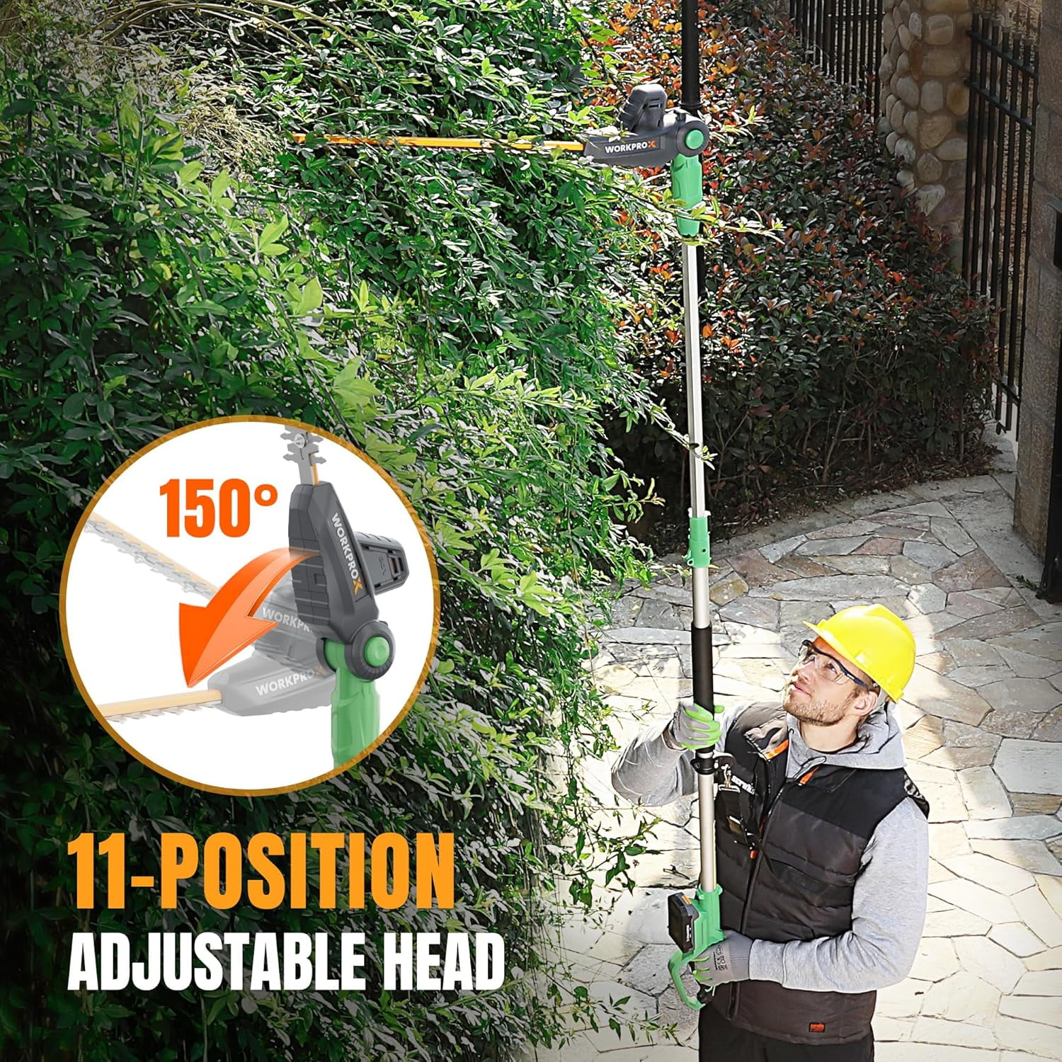 WORKPROX 20V Cordless Pole Hedge Trimmer, 9.2 ft Reach, 11-Angle Adjustable Head with Extension Pole, 2.0Ah Battery Included