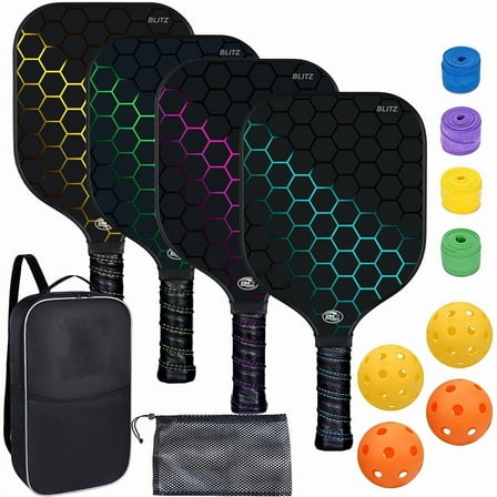 Pickleball-Paddles-Set of 4 Rackets, Pickle-Ball Equipment with Balls, Bag, Accessories, Fiberglass Graphite Pickleball Racquet Set for Men, Women, Kids, Adults