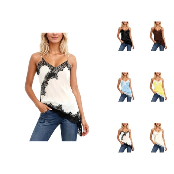Lace Camisole Tops for Women 2026 Fashion Asymmetrical Hem Lace Patchwork Spaghetti Strap Camisole Tank Top