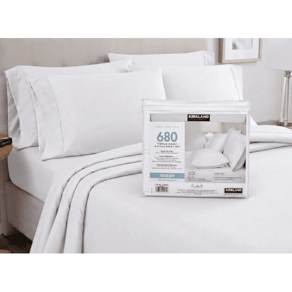 Kirkland Signature Queen 680 Thread Count 6 Piece Sheet Set White