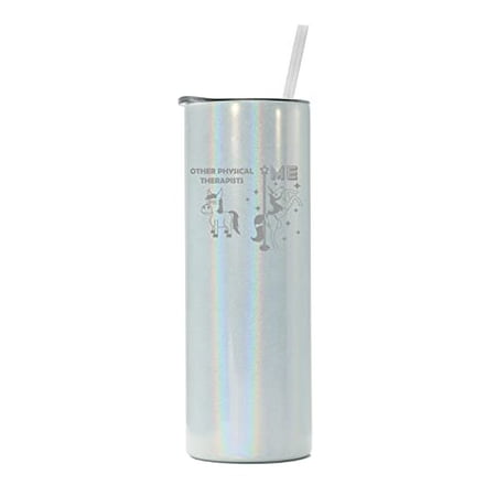 

20 oz Skinny Tall Tumbler Stainless Steel Vacuum Insulated Travel Mug Cup With Straw Physical Therapist Superstar Unicorn Funny (White Iridescent Glitter)