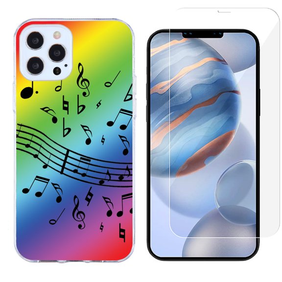 Slim-Fit Protective Phone Case compatible with iPhone 12 Pro Max, with Tempered Glass Screen Protector, by OneToughShield ® - Music Notes / Rainbow