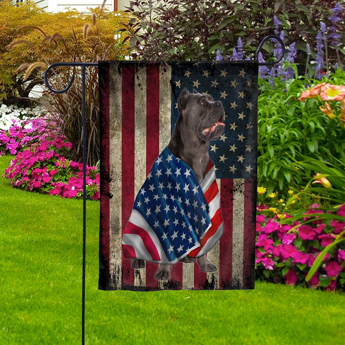 American Flag with Cane Corso Dog stand under the cross Patriot Patriotic 4th of july House Flag, Double-Sided Decorative Outdoor Flag, Patriotic Polyester Yard Flag 29.5 x 39.5 in