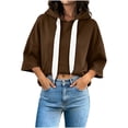 thumbnail image 4 of LEKWK Cropped Hoodie Women Drop Shoulder Short Sleeve Sweatshirt Drawstring Loose Fit Pullover Tops with Pocket Fall Casual Activewear Brown XXL, 4 of 7