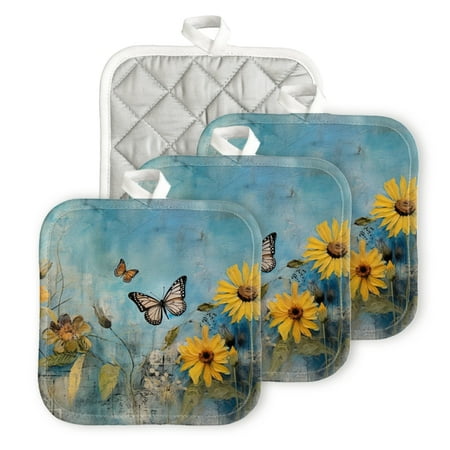 

BaHomeck Pot Holders 4pcs dacron Made Square heat-resisting mat Machine Washable for Kitchen Oven Hot Pads 6.7inch*6.7inch Blue Background With Collage Of Yellow Wildflowers And Butterflies