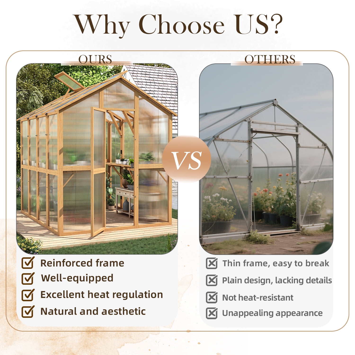 AECOJOY 6x7 FT Wooden Greenhouse For Outdoors,Walk-in Garden Greenhouse with Plant Stand with Polycarbonate Panels for Backyard or Patio