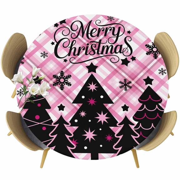 Pink Christmas Table Cloth, Round Fitted Tablecloths with Elastic Edge, Black Xmas Tree Farmhouse Plaid Snowflakes Wipeable Waterproof Table Cover for Kitchen Wedding 45-54 Inches