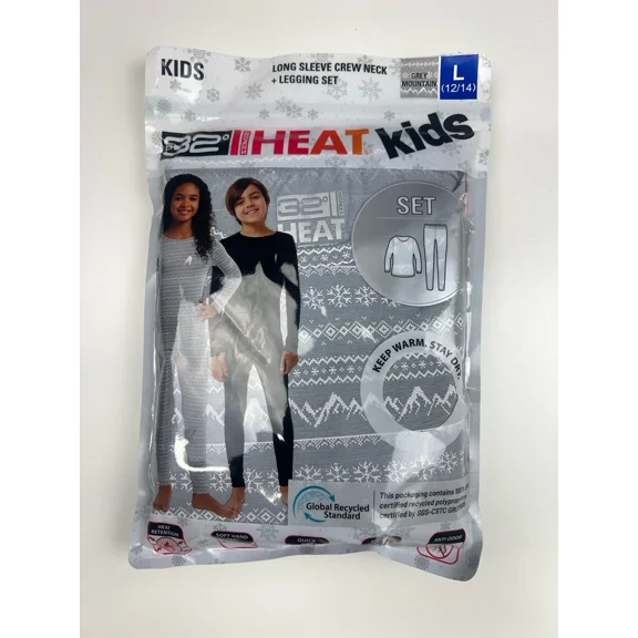 32 DEGREES Kids Baselayer Top Pant Set, Grey Mountain, Large