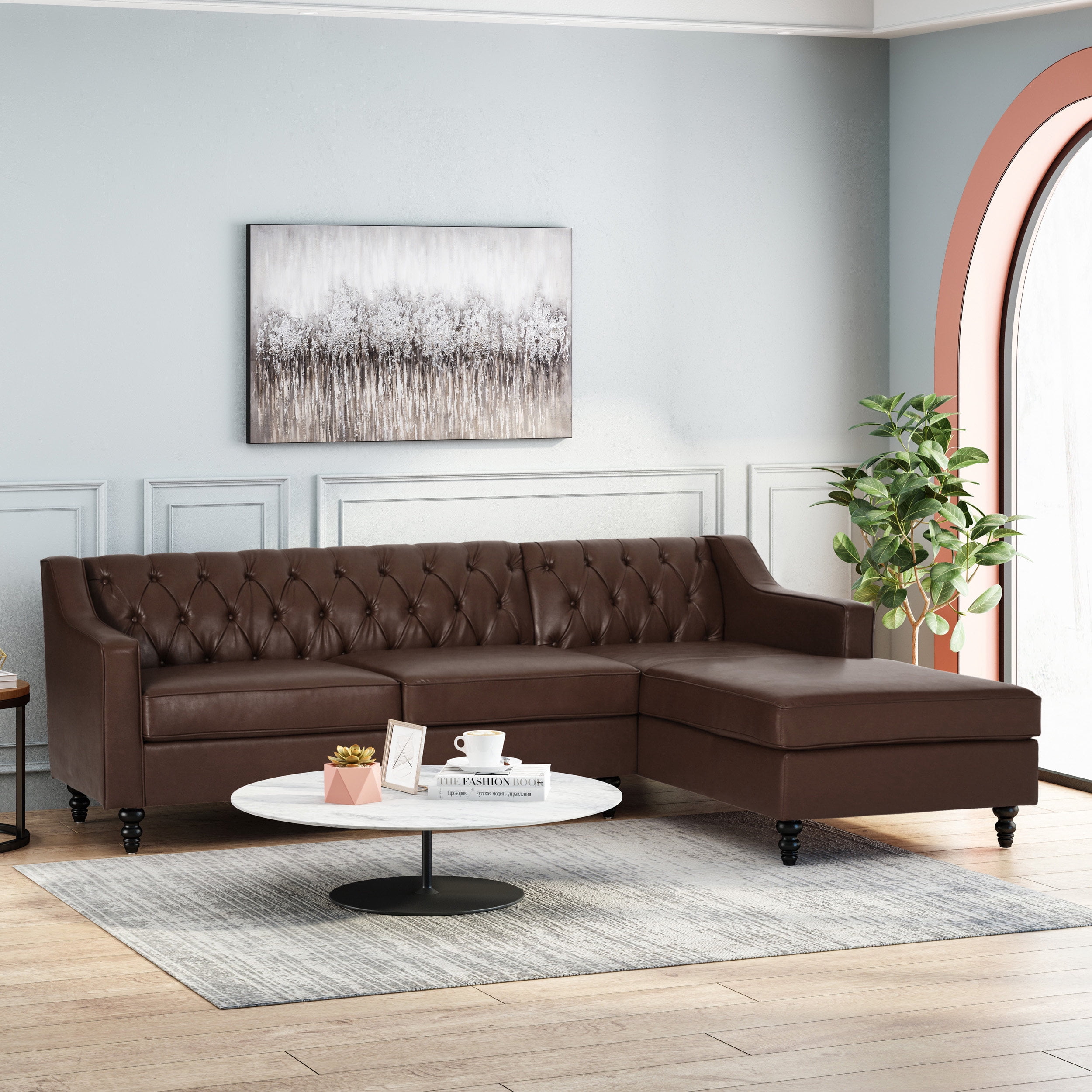 Noble House Derudder Indoor Upholstered Tufted Chaise Sectional, Dark Brown