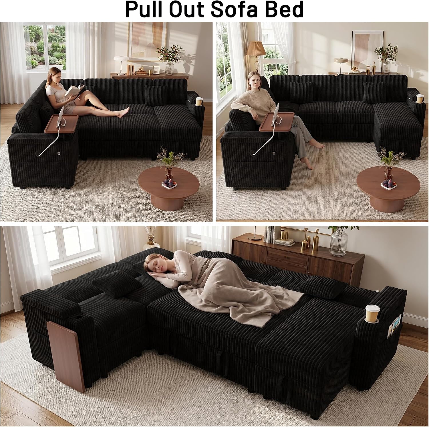 Howcool 100" U-Shaped Modular Sectional Sleeper Sofa, 7-Seat Cloud Couch with Pull-Out Bed, Storage Chaise, USB Ports, Cup Holder & Side Table, Corduroy Sofa Bed for Living Room, Black