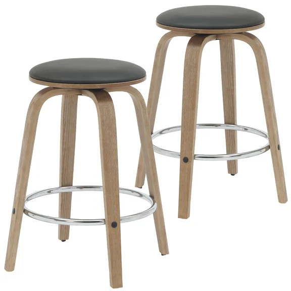 LeisureMod Pelya Modern Leather Swivel Round Counter Stool with Wood Legs and Chrome Footrest – Stylish Bar Stool for Kitchen Island or Dining Area Set of 2