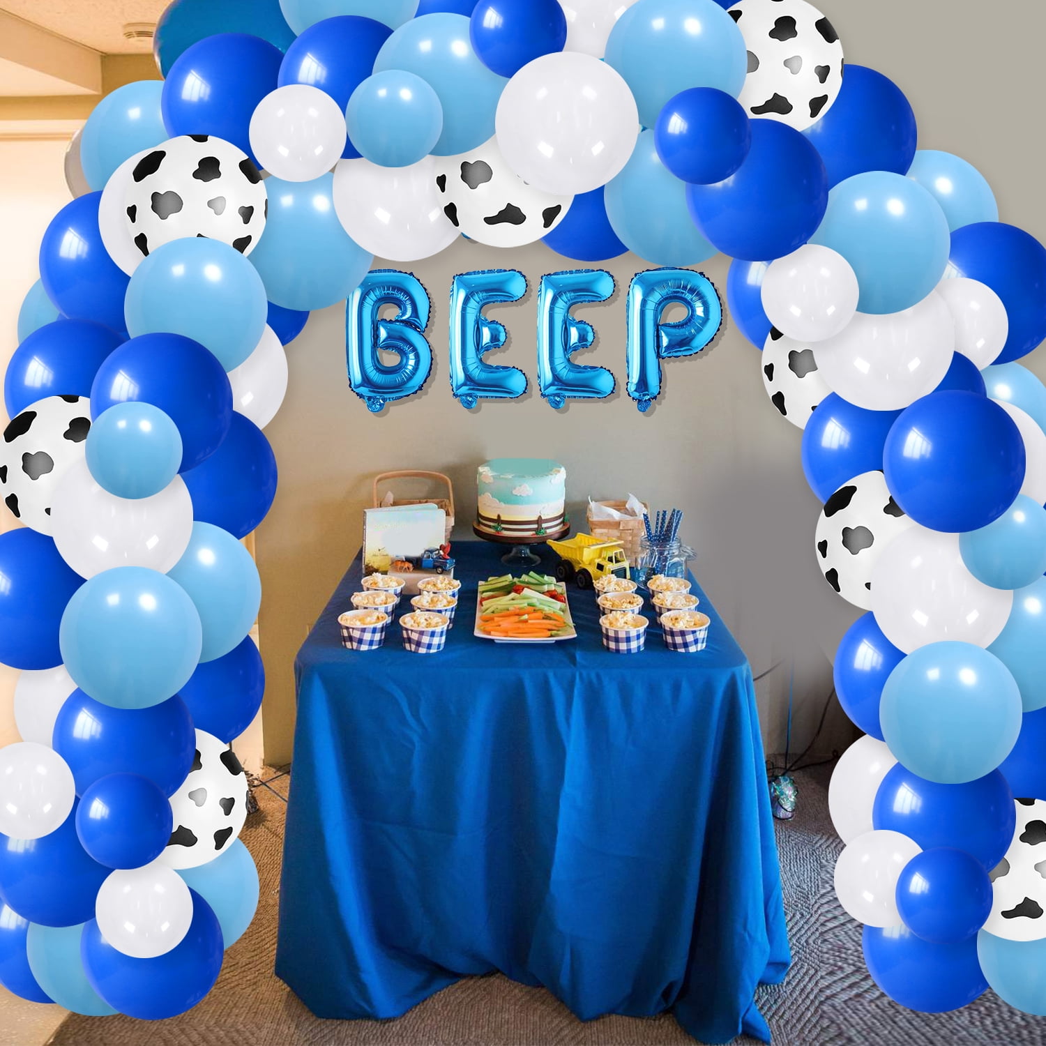 89Pcs Little Blue Truck Farm Birthday Party Decoration, Animal Theme Blue White Latex Balloon Arch Kit with Beep Beep Beep Foil Balloon Banner and Farm Animals Foil Balloon for 1st 2nd 3rd Birthday