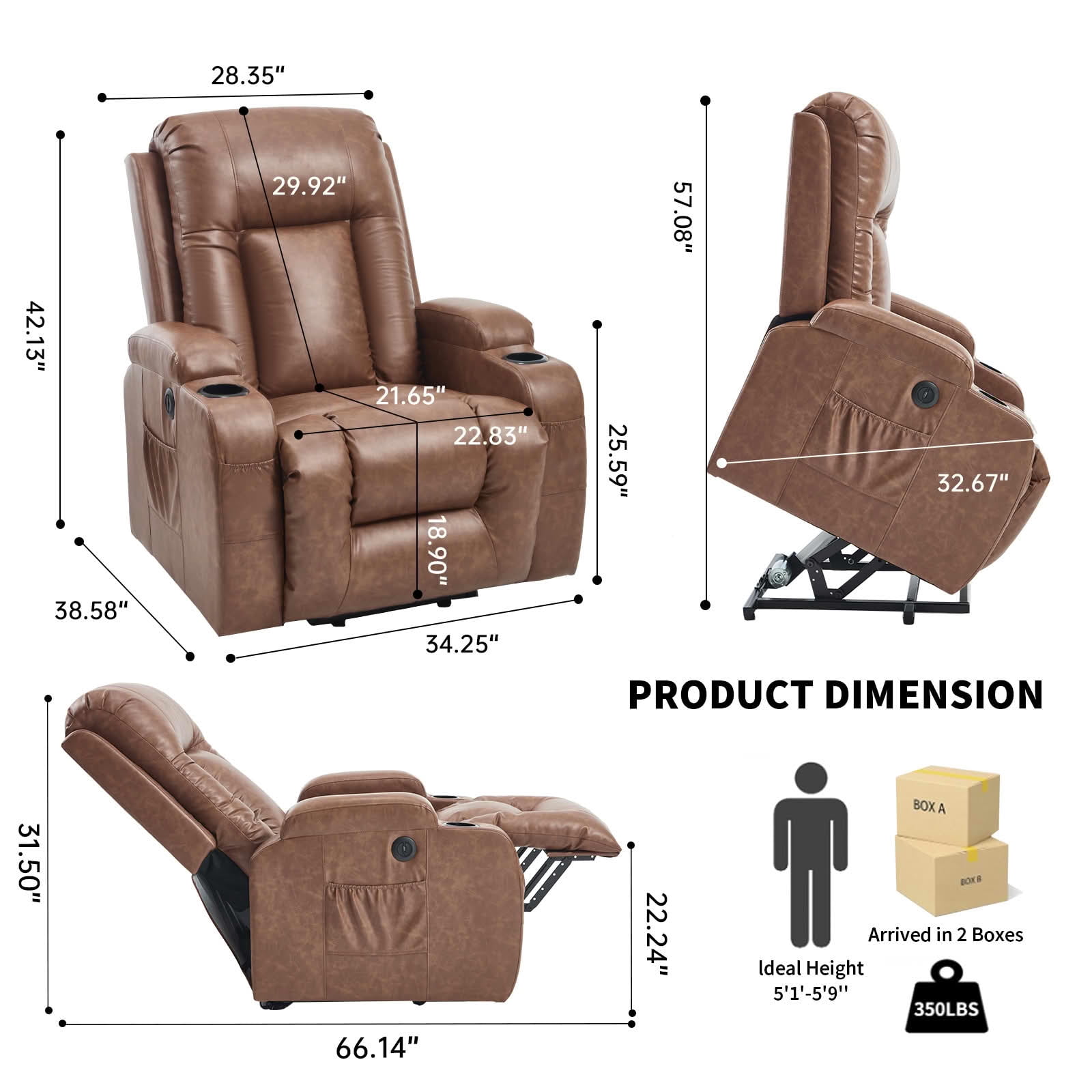 MAYEERTY Dark Grey Chenille Power Lift Recliner, 350lbs Massage Heat USB-C Cup Holders for Elderly 35"x29"x43"