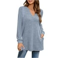 thumbnail image 2 of AXXD Womens Blouses Blue Basic Summer 2024 Loose Casual Solid V-neck Side Slit With Pockets Long Sleeved Top, 2 of 9