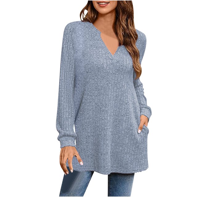 AherBiu Womens Ribble Knit Sweater Tops Long Sleeve Notch V Neck Pullover Tunic Tops to Wear with Leggings