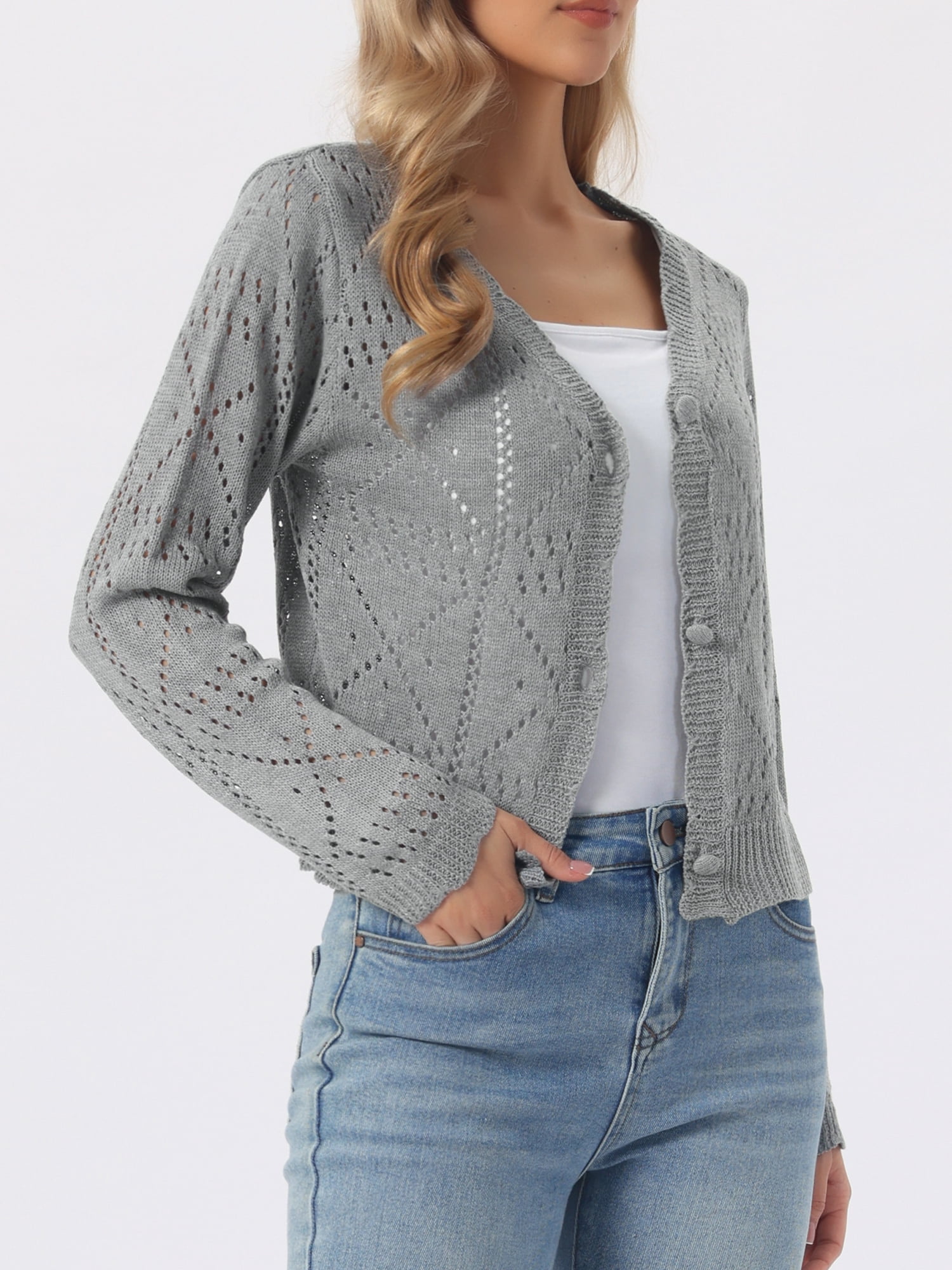 DARING DIVA Women's Long Sleeve Cropped Knit Button Up Crochet Cardigan L Gray