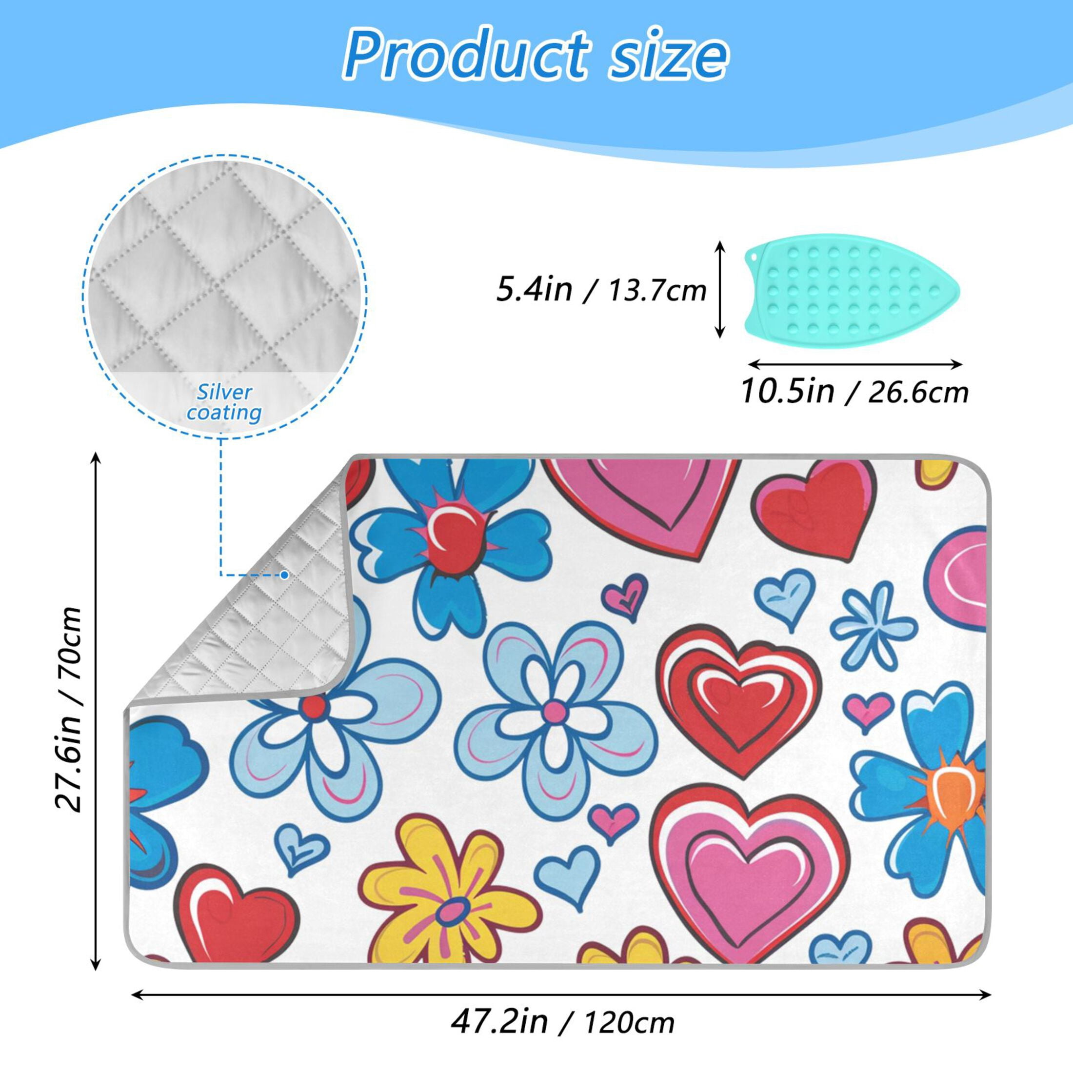 Colorful Hand Drawn Hearts Flowers Ironing Mat Blanket Portable Travel Ironing Pad Heat Resistant Pad 47.2" x 27.6”