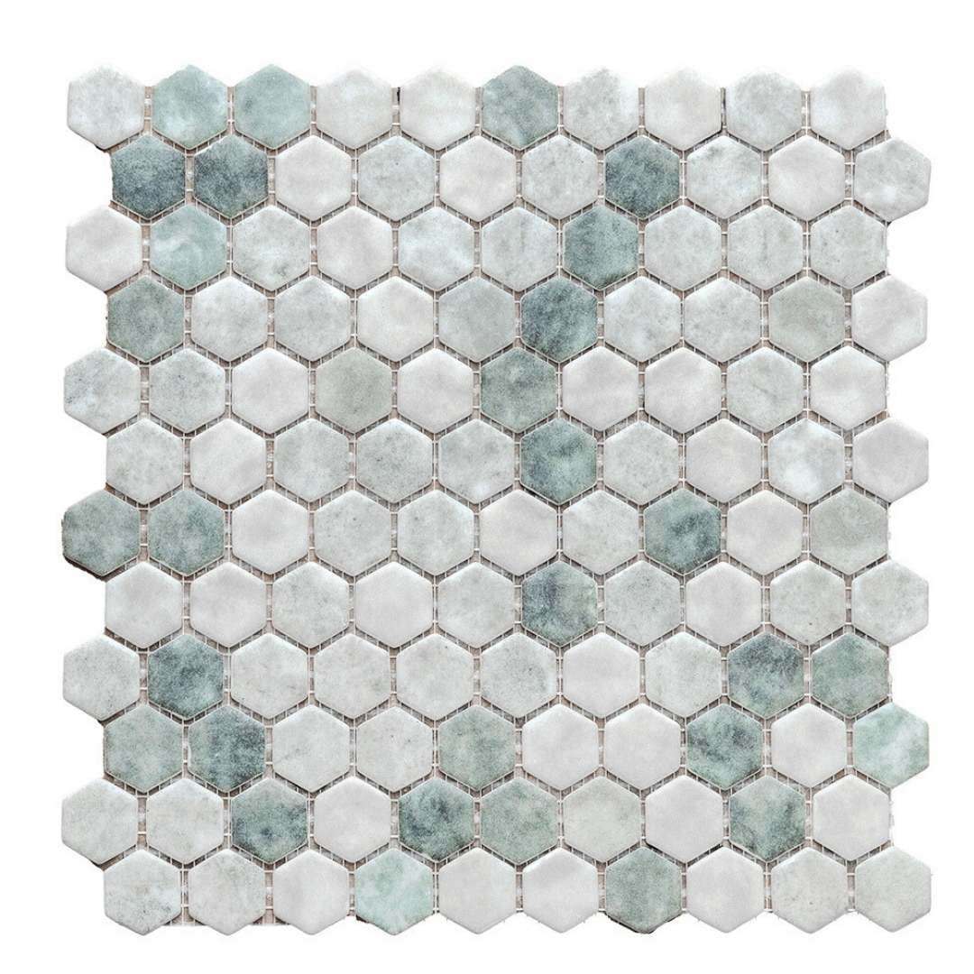 The Tile Life Eterna Hex 1" x 1" Hexagon Shabby Green Glass Mosaic Floor and Wall Tile 1 Sheet