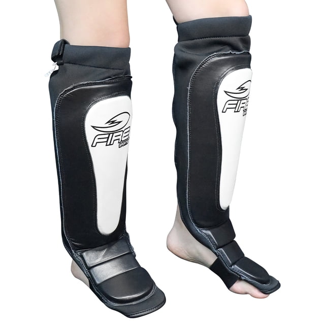 Par de Espinilleras de Piel Tipo Calceta MMA Fire Sports, Kick Boxing, Muay Thai, Negro