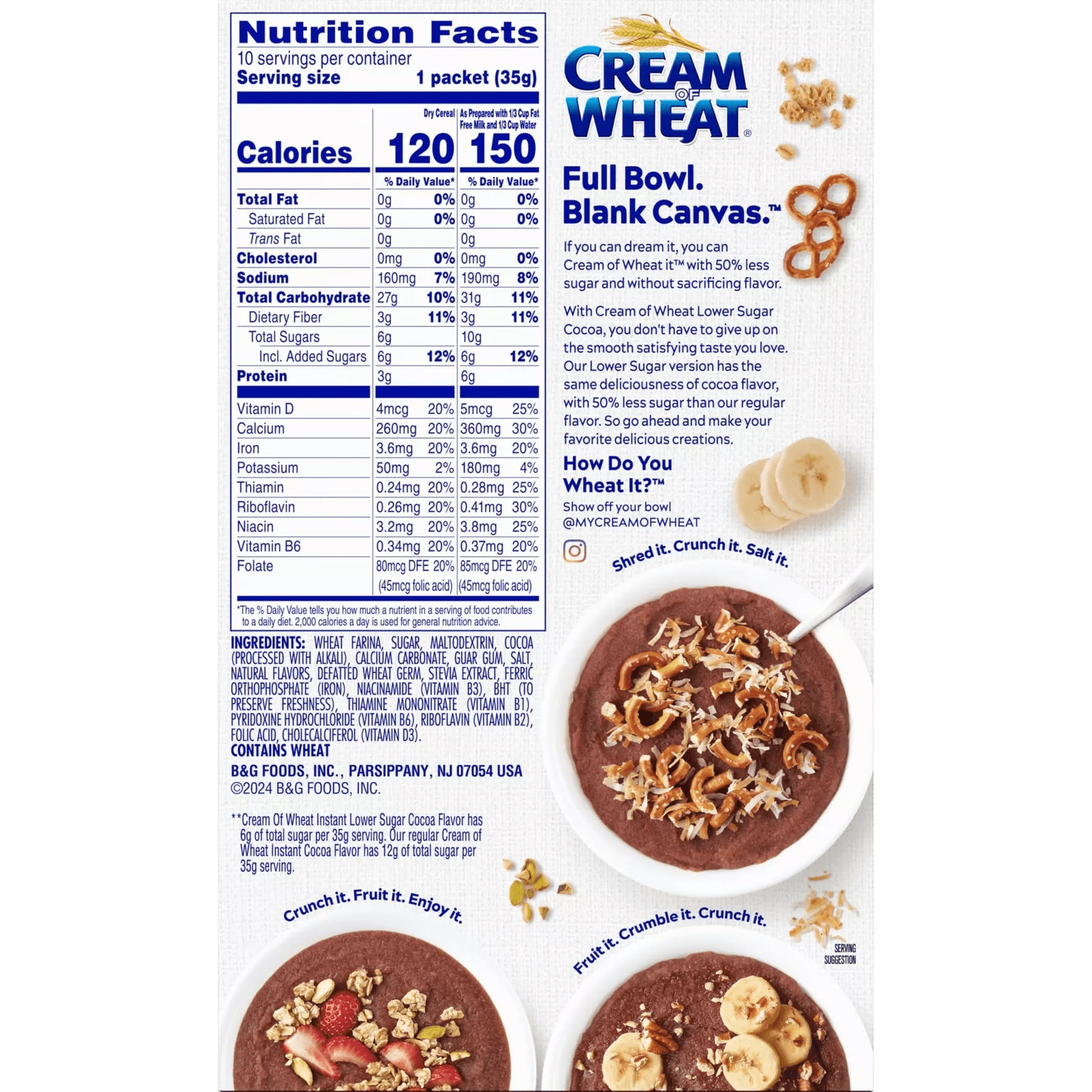 (2 pack) Cream of Wheat, Instant Hot Cereal, Cocoa Flavor, 10-1.23 oz Packets Shelf Stable Cardboard Box