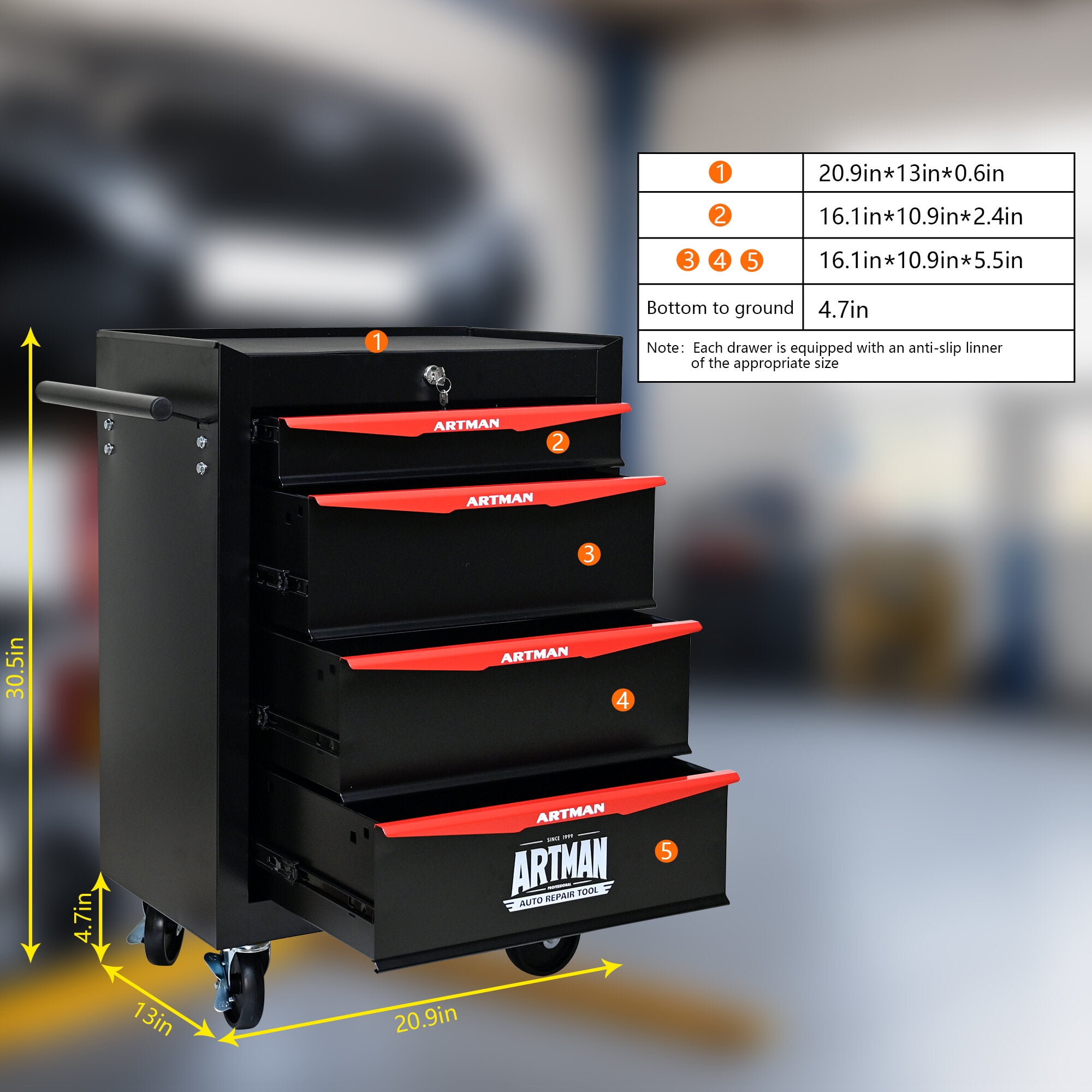 20" Rolling Tool Chest with 4 Drawers - Black & Red Steel Tool Cabinet with Ball Bearing Slides & Locking Wheels