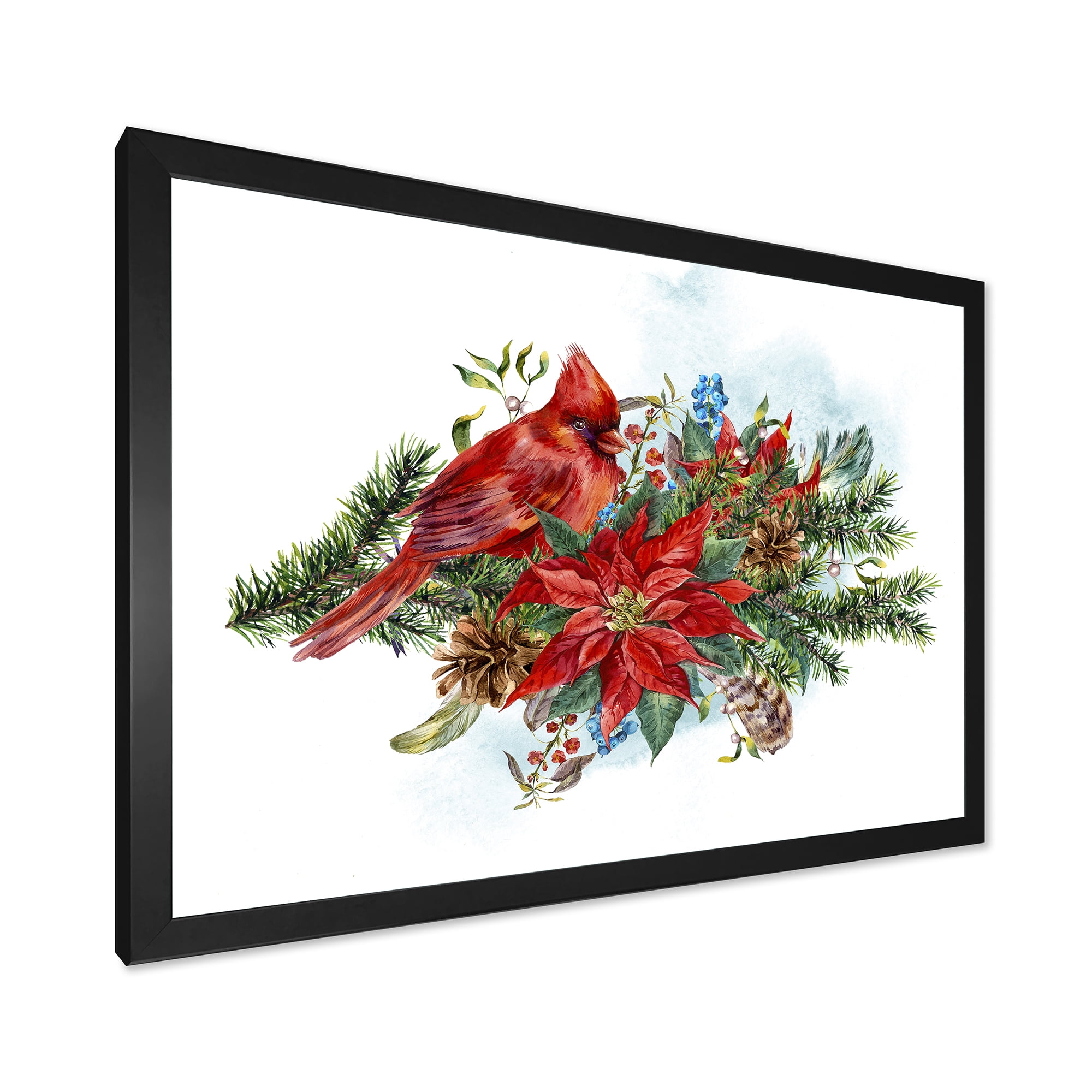 Designart 'Christmas Red Cardinal Bird and Poinsettia' Traditional Framed Art Print