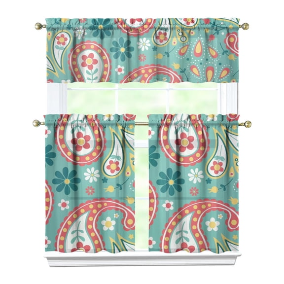 3 PCS Vintage Paisley Kitchen Curtains Set with Valance - Boho Floral Ethnic Tier Curtains for Windows, 54x18" Valance & 2x27.5x36" Panels, Semi-Sheer Rod Pocket Farmhouse Window Treatment