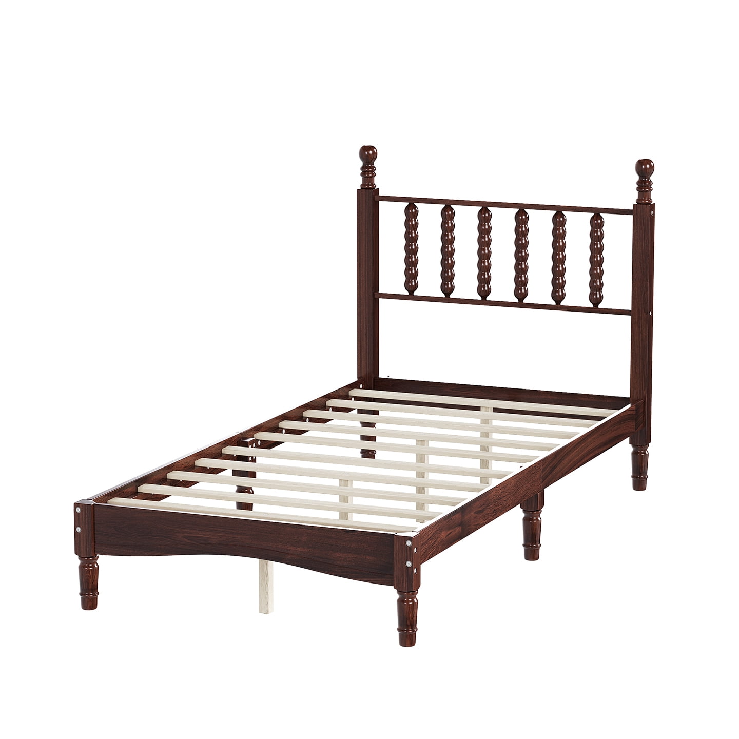 Euroco Wood Twin Size Platform Bed, Retro Style Bed Frame with Gourd Shaped Headboard, Walnut