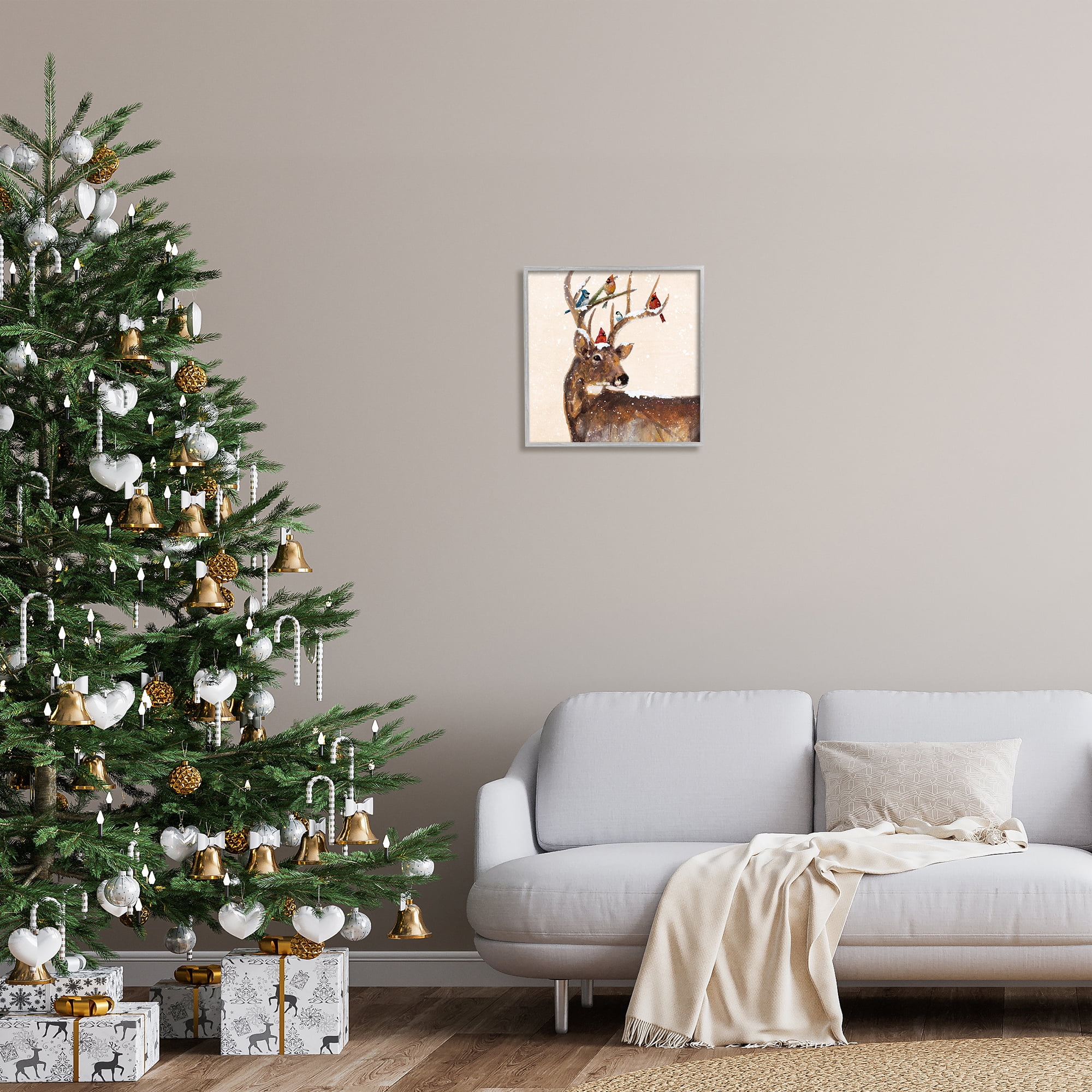 Stupell Industries Cardinals Perched Snowy Antlers Holiday Painting Gray Framed Art Print Wall Art