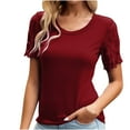 thumbnail image 2 of Wycnly Womens Tops Dressy Casual Going out Sexy Lace Patchwork Basic Fit Lightweight Tunic Tees Shirts Summer Short Sleeve Crewneck Tops Solid Blouse Wine s, 2 of 5