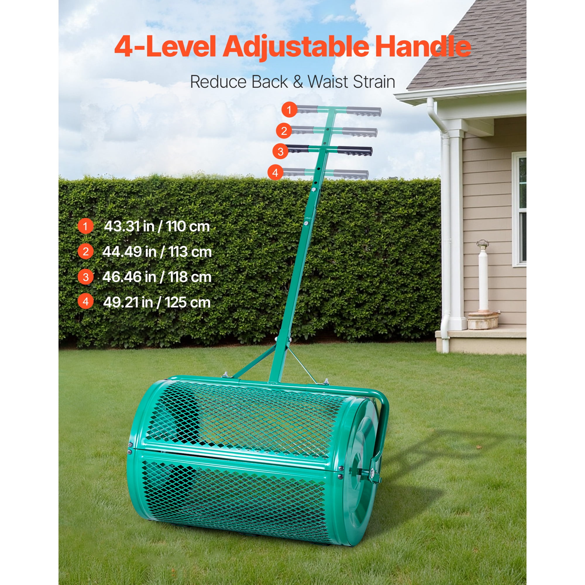 KFFKFF 24-Inch Compost Spreader with Adjustable Handle, Durable Steel Peat Moss Roller for Lawn and Garden Applications