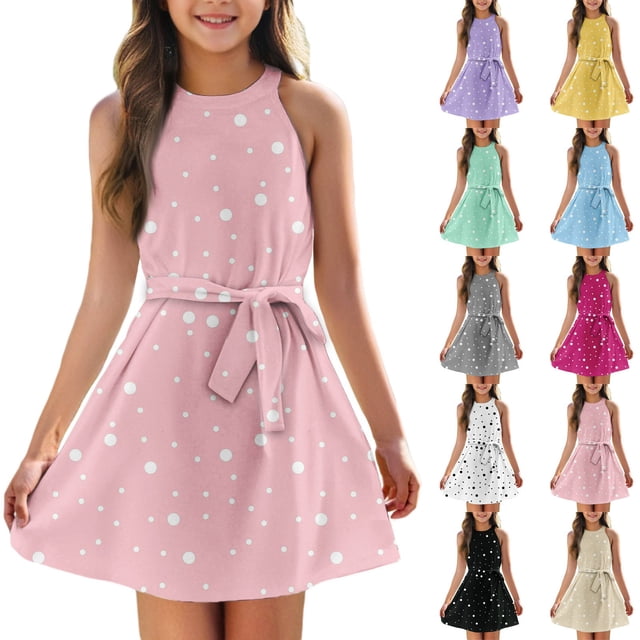 Girls Summer Sundress Sleeveless Polka Dot Summer Dress with Belt Casual Cute Sundress for Kids Ages 4 to 12 ,Sie:140