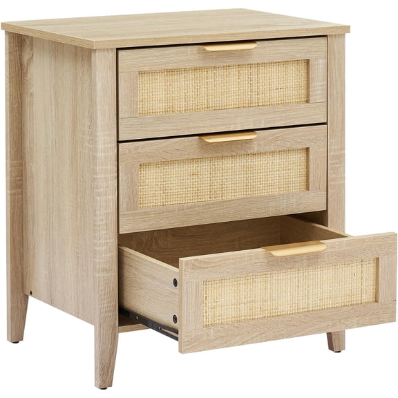 Rattan and Wicker Nightstand with 3 Drawers, Modern Boho Bedside Table with Wood-Accented Legs, End Table for Bedroom or Living Room, Tool-Free Assembly