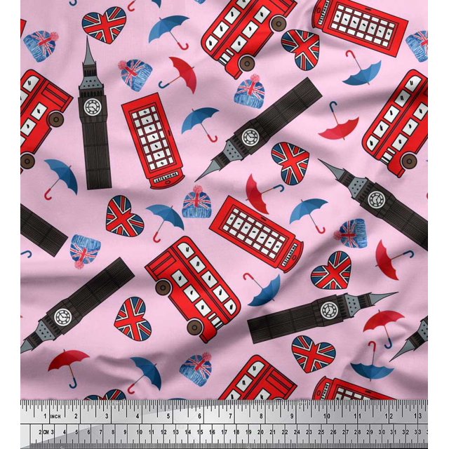 Soimoi Polyester Crepe Fabric Bus,Telephone Booth & London Clock Tower Architectural Print Fabric by The Yard 52 Inch Wide