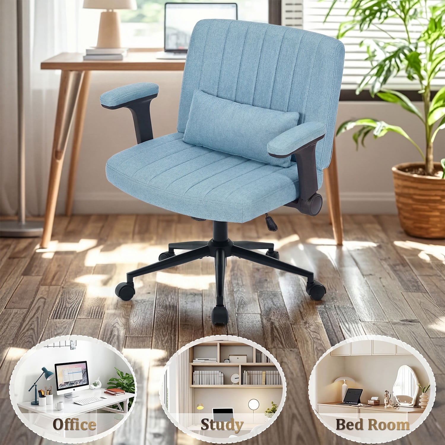 IPKIG Ergonomic Office Chair with Wheels and Flip-Up Arms, Wide Seat Swivel Desk Chair for Home Office, Computer, Vanity in Linen Blue