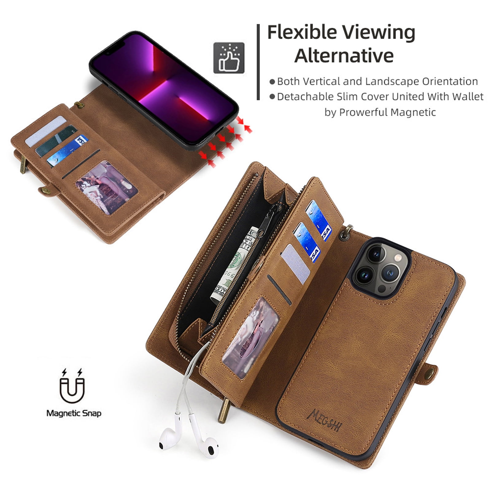 for iPhone 13 Pro Max Wallet Case, Durable PU Leather 2-in-1 Detachable Magnetic Flip Phone Case for iPhone 13 Pro Max Case Wallet with Card Holder Slots Zipper Pouch for Women Men, Brown