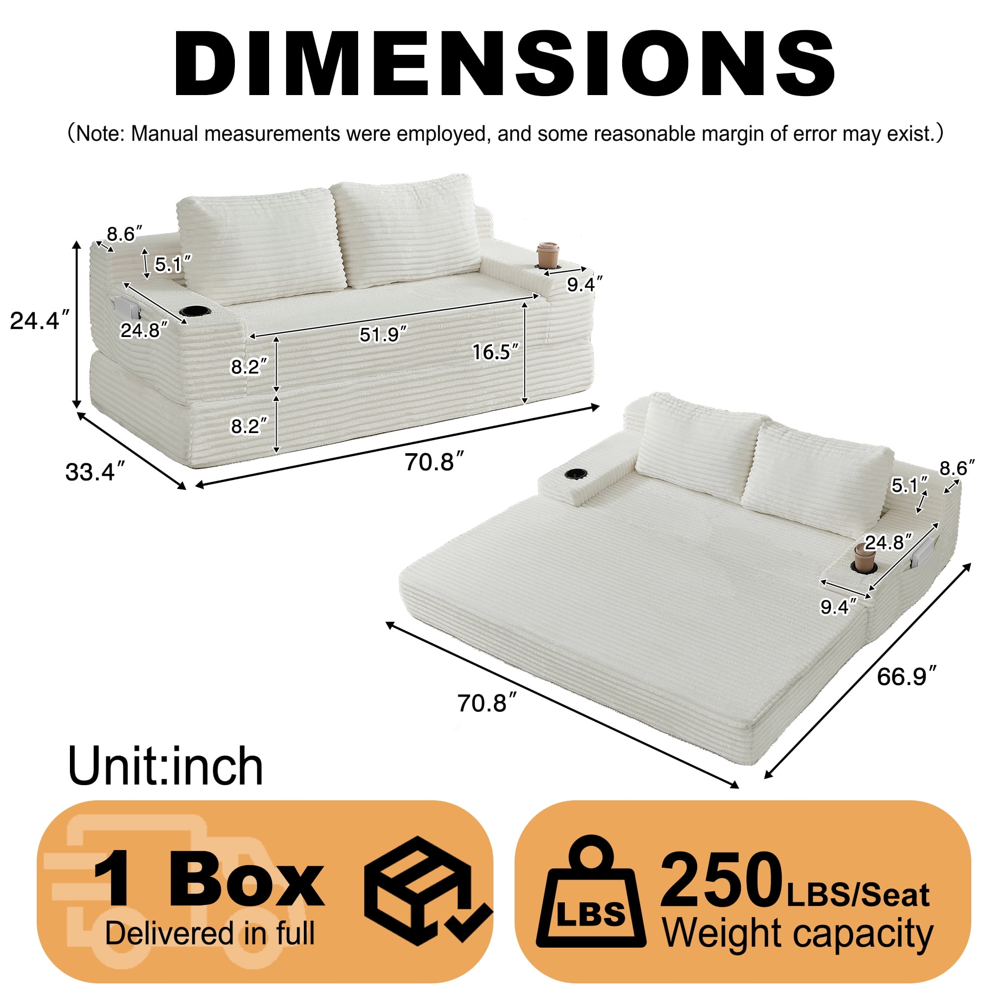 Leumius Futon Sofa Bed,Convertible Corduroy Boneless Couch with Cup Holders & Pocket,2-in-1 Foldable Sleeper Sofa for Living Room, Small Spaces, Bedroom, No Assembly,Beige